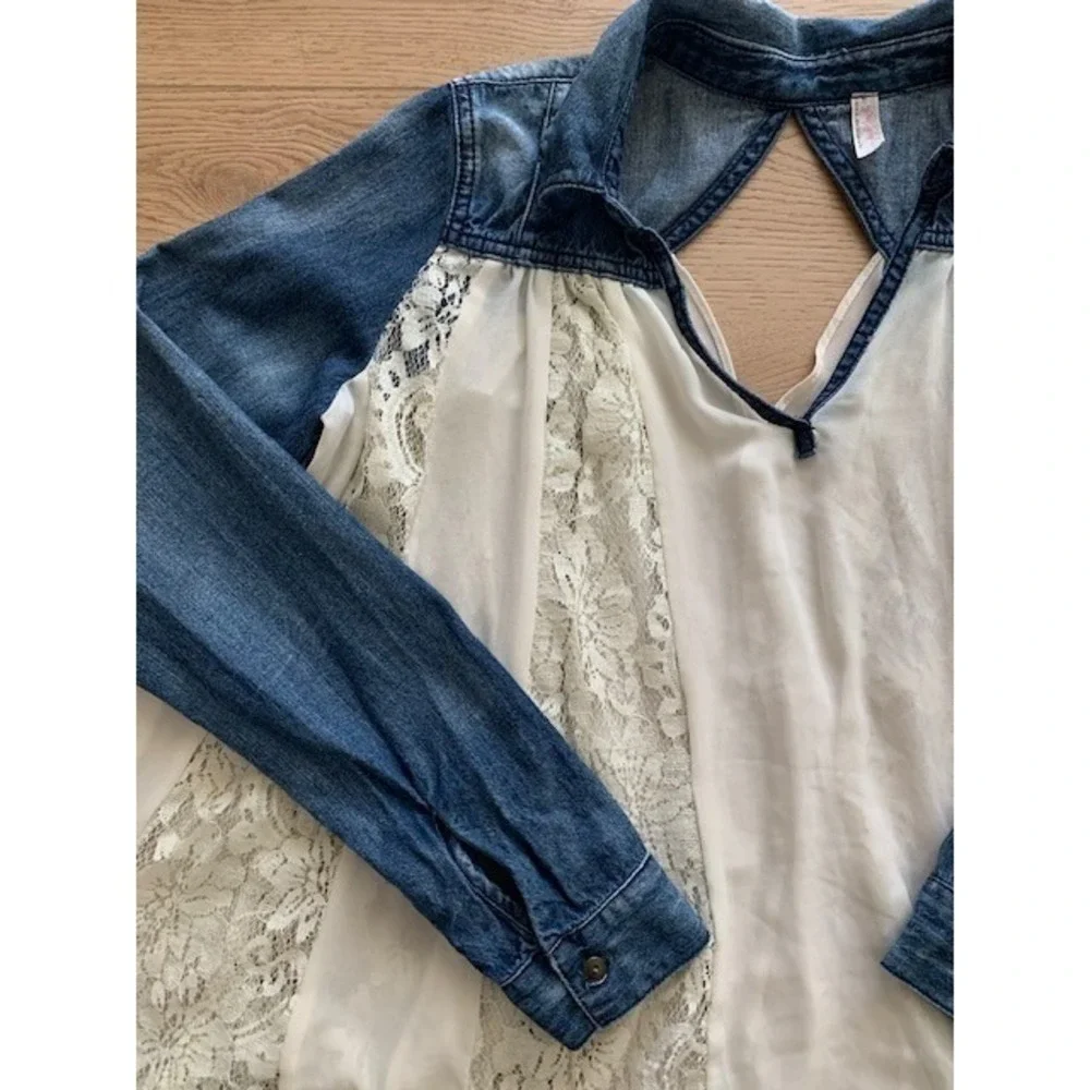 Free People Cream Lace Front Denim Contrast Top